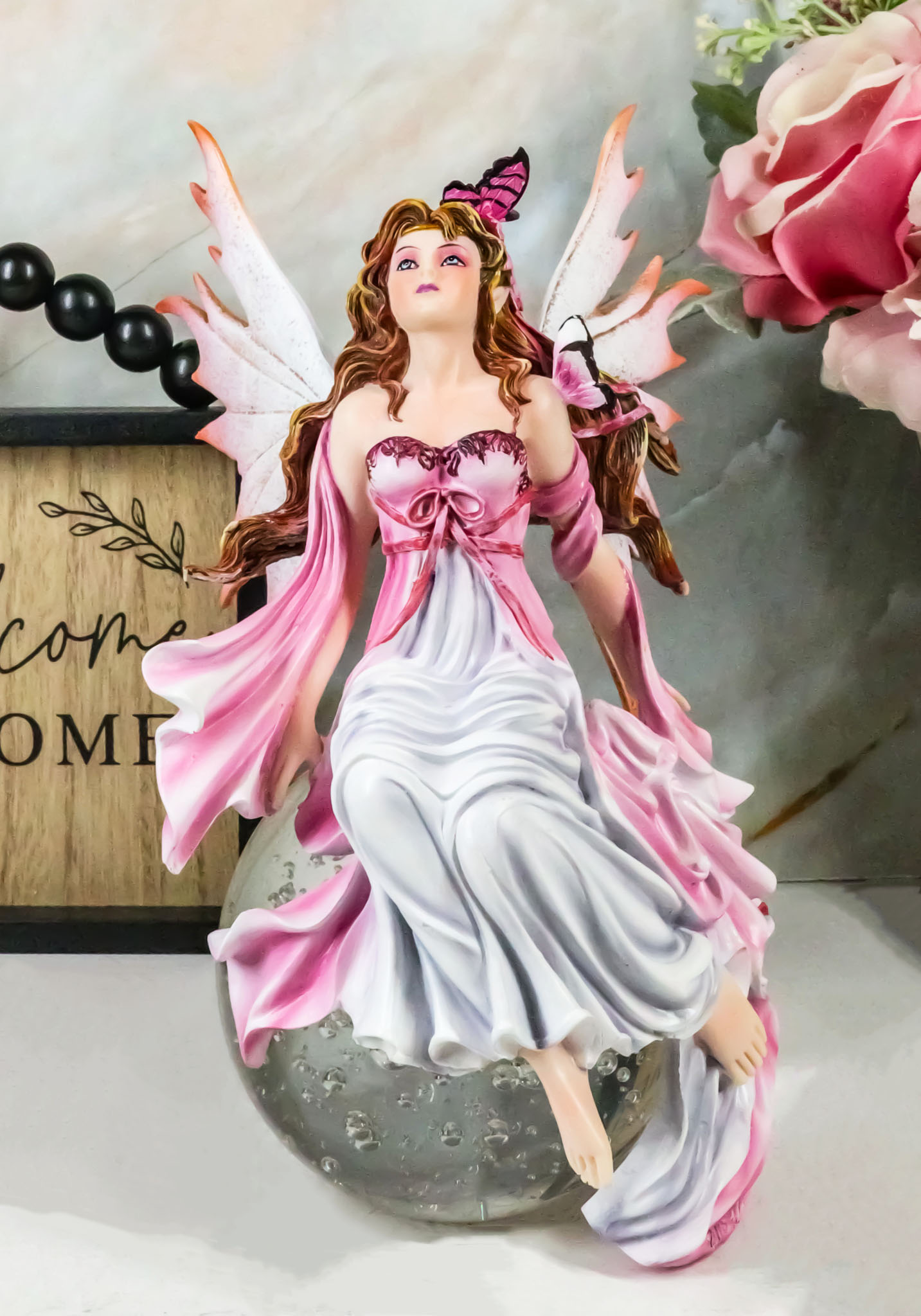 Daybreak Princess Pink Fuchsia Fairy Sitting On Moon Acrylic Bubble Globe Statue - image 1 of 9