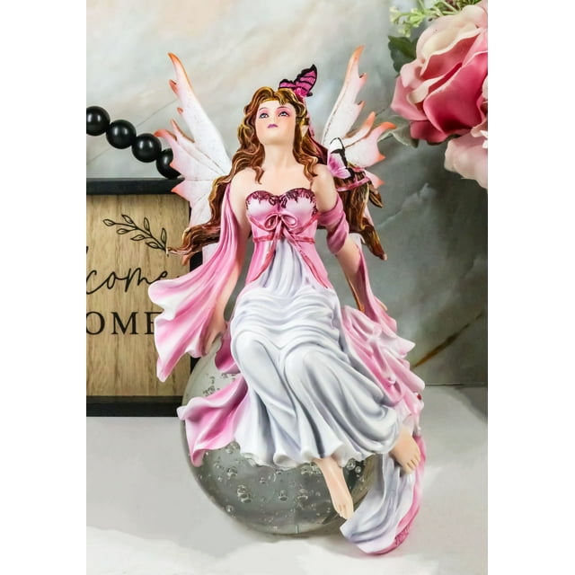 Daybreak Princess Pink Fuchsia Fairy Sitting On Moon Acrylic Bubble Globe Statue