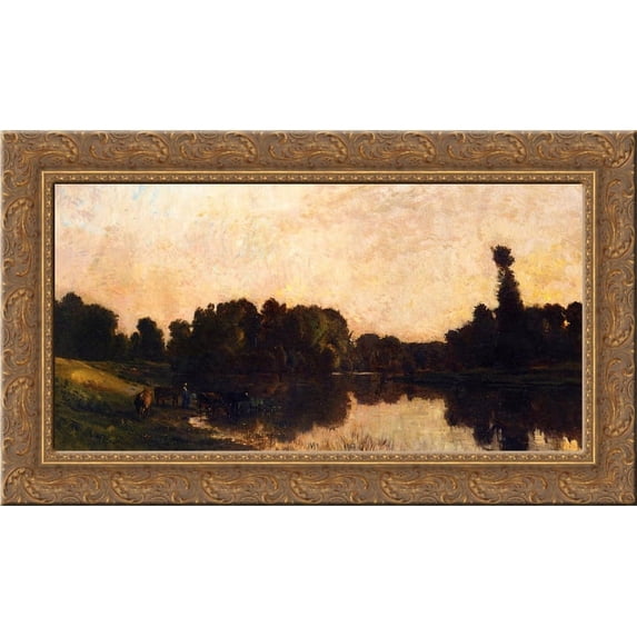 Daybreak, the Oise, Ile de Vaux 24x16 Gold Ornate Wood Framed Canvas Art by Charles-Francois Daubigny