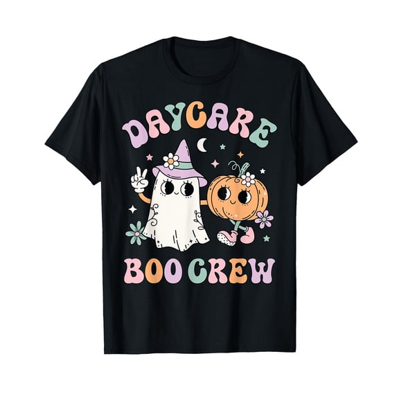 Daycare Boo Crew Groovy Halloween Floral Ghost Kid Teacher T-Shirt