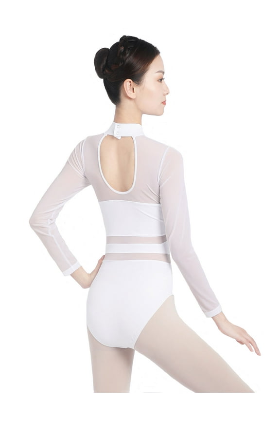 Ballet Leotards for Women White Turtleneck Dance Gymnastics Bodysuit, a Size up