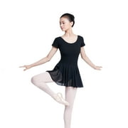 Daydance Short Sleeve Cotton Black Ballet Leotards for Women, Skirted Dance Costumes, A Size up