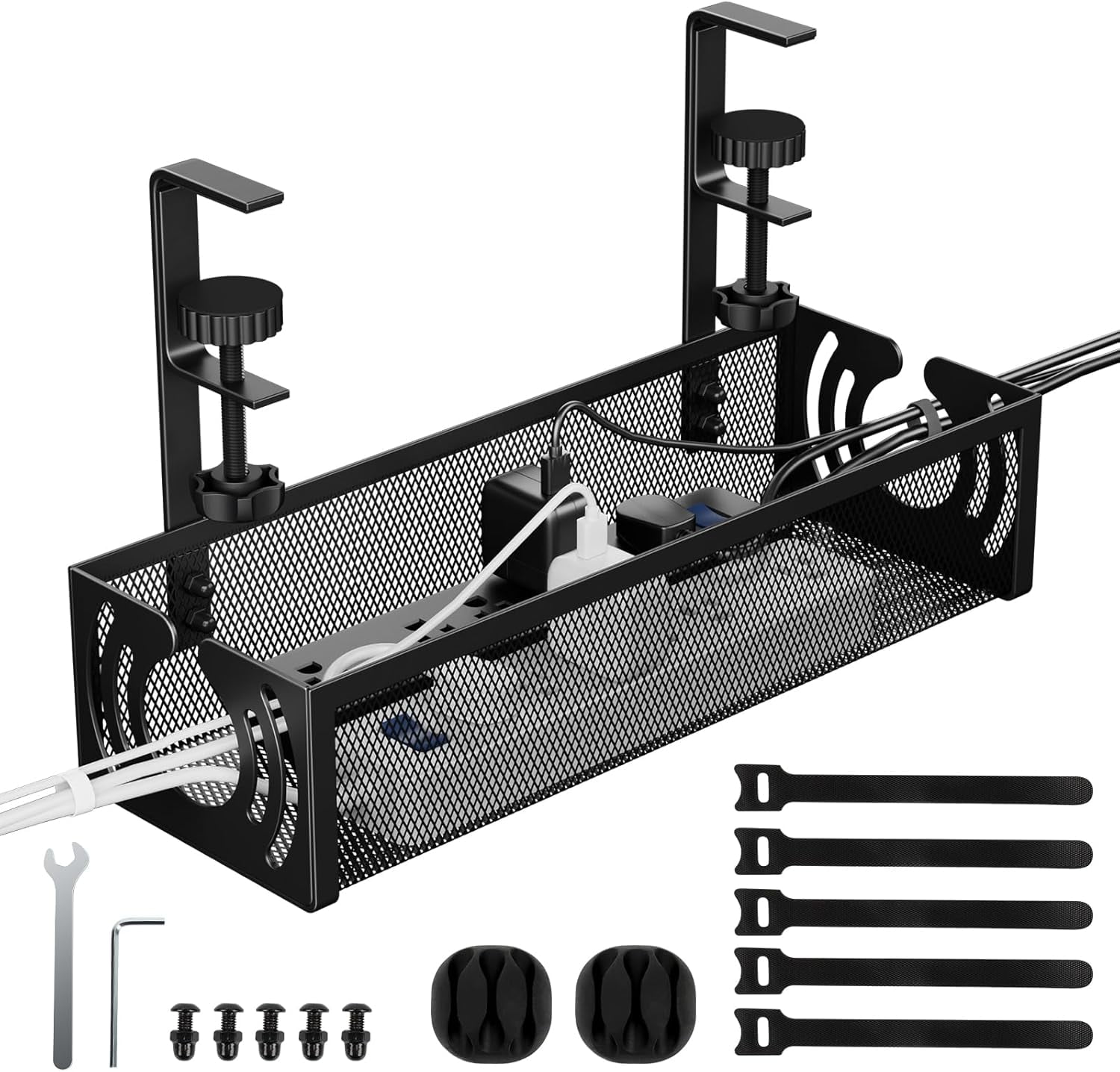 WEUVEB Black Clamp-On Under-Desk Cable Organizer Tray, No Drill Installation, Office Desk Wire Management Set
