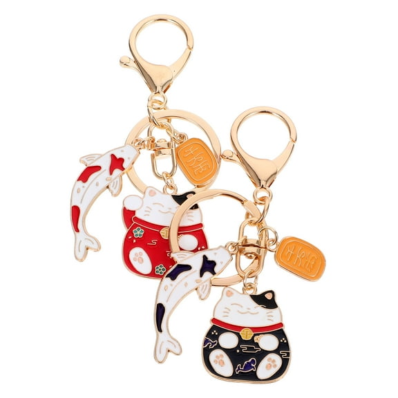 WEUVEB Cute Kawaii Japanese Cat Keychain with Fish Charm, 2 Pcs Set for Positive Energy and