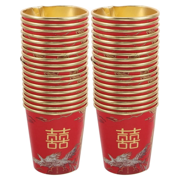 50Pcs Red Foil Wedding Disposable Paper Cups for Hot Drinks, Elegant Chinese-Style Tea Cups for Engagement Party and Banquet