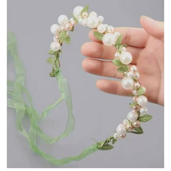 Dayesque Boho Hair Garland Accessory For Girls Faux Pearl Bridal Hair Pieces Green Leaf Headband Wedding Hair Crown For Special Events