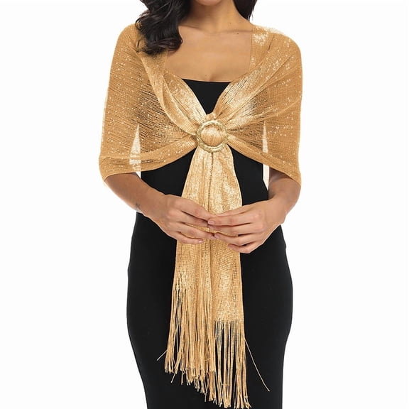 WEUVEB Elegant Golden Metallic Shawl with Tassel and Buckle for Evening Events and Party Wear