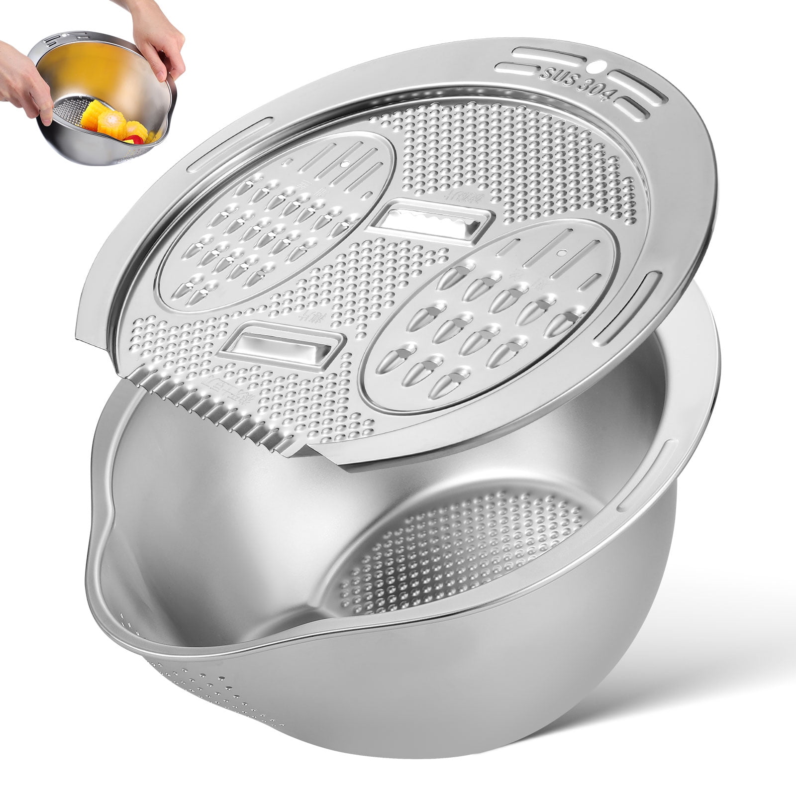 Deep Rice Washer WEUVEB Stainless Steel Rice Washer Strainer Bowl for Kitchen Use Silver ...