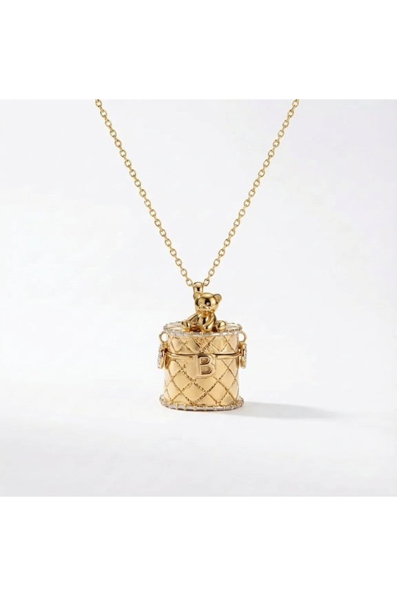 3D Teddy Bear Bucket Bag Locket Necklace - Gold Tone, Quilted Design with CZ Stones