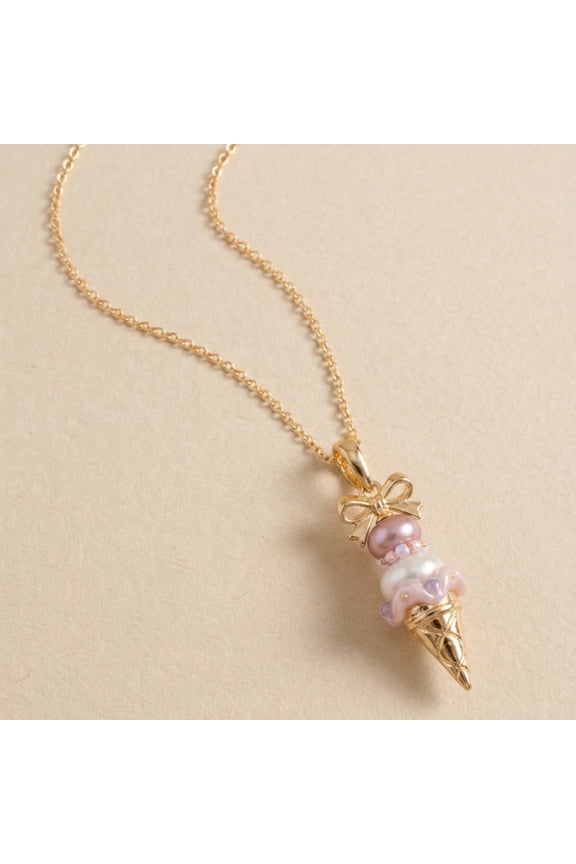Bowknot Ice Cream Necklace - Gold Plated with Pearl Charm, Vintage Y2K Aesthetic