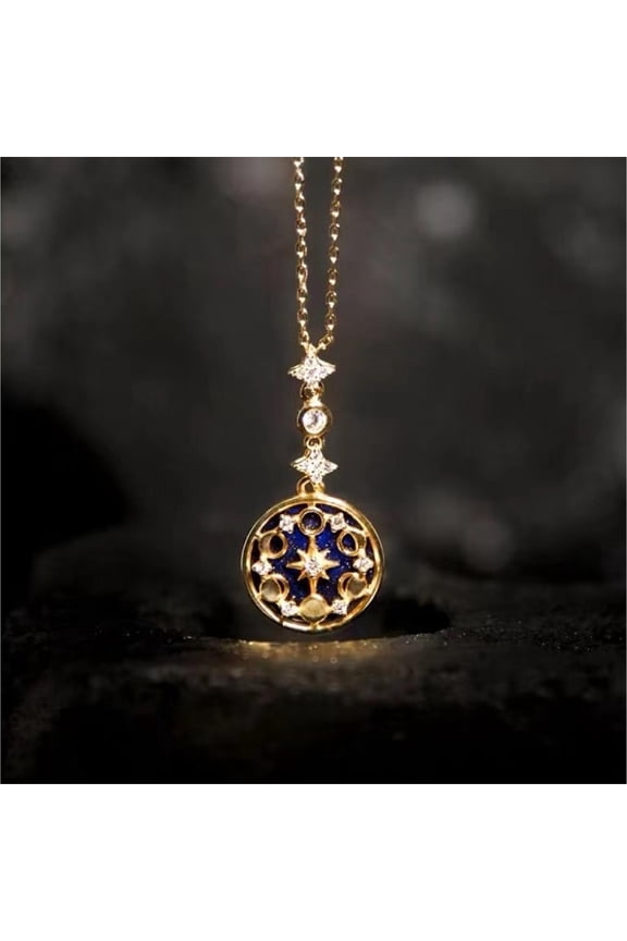 Celestial Necklace - Gold Tone, Blue Sandstone Moon & Star Pendant
