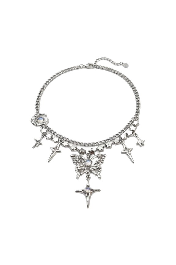 Y2K Fairy Grunge Necklace - Silver Butterfly Cross Choker with Opal Stone