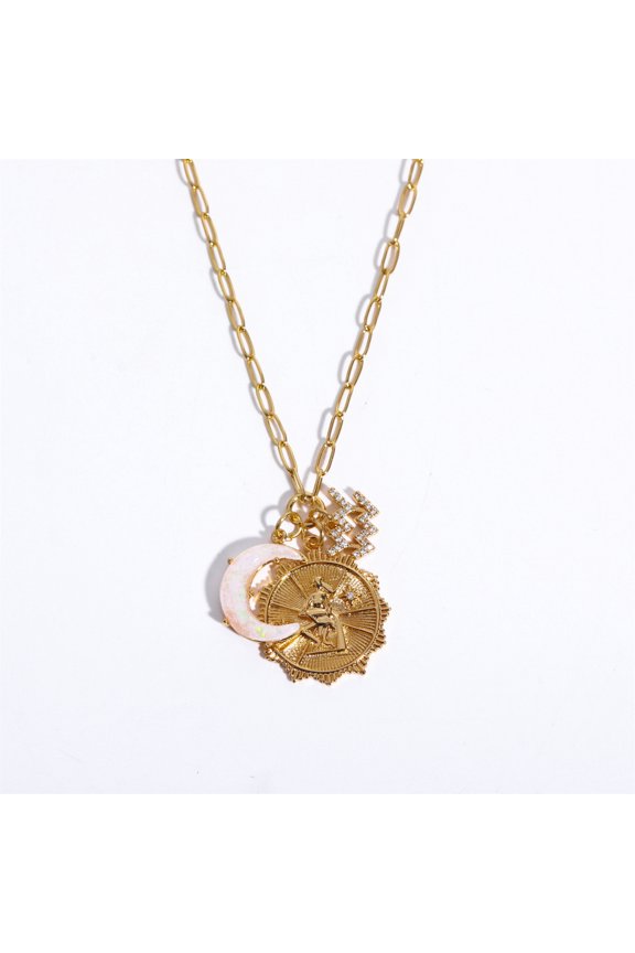 Zodiac Moon Necklace - Aquarius (Jan 20 - Feb 18), Gold Plated Opal Paperclip Chain