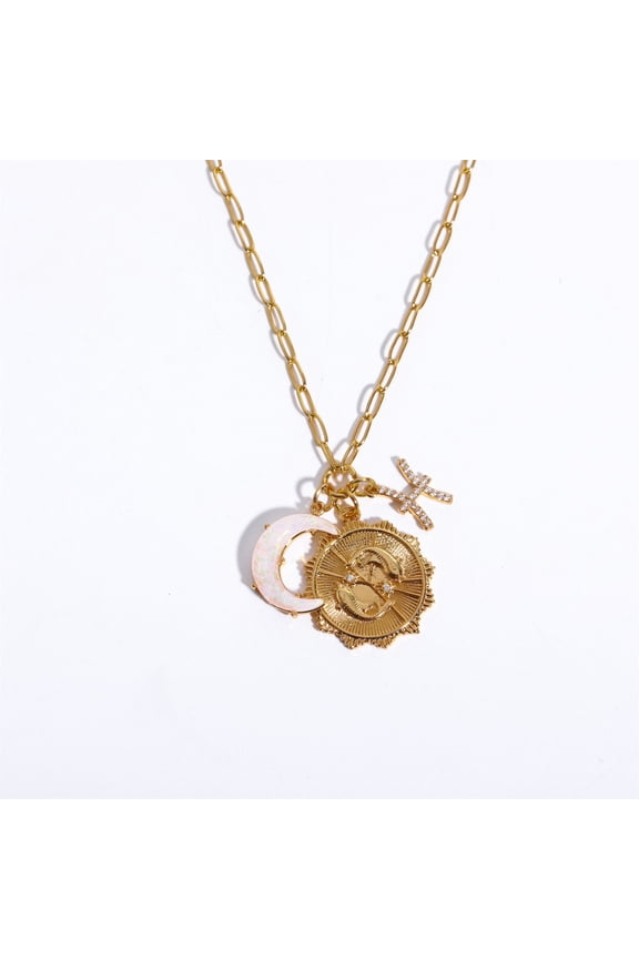Zodiac Moon Necklace - Pisces (Feb 19 - Mar 20), Gold Plated Opal Paperclip Chain