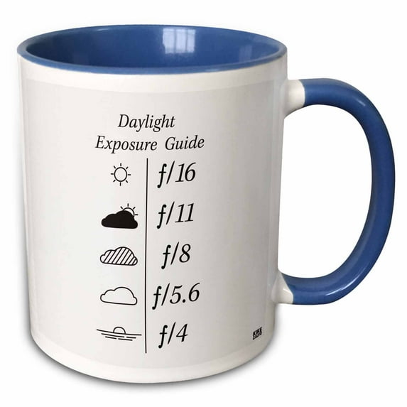 3drose, Daylight Exposure Guide and Light Metering Aperture Table - Black Text on White Background, 11oz Two-tone Blue Mug