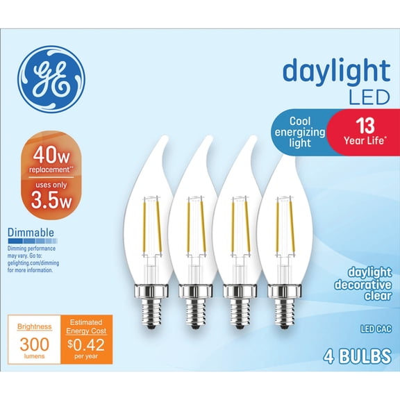 GE LED Light Bulbs, 40 Watt Replacement, Daylight, CA11 Decorative Candle Bulbs, 4pk