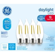 GE LED Light Bulbs, 60 Watt Replacement, Daylight, CA11 Decorative Candle Bulbs, 4pk
