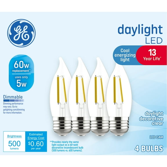 GE LED Light Bulbs, 60 Watt Replacement, Daylight, CA11 Decorative Candle Bulbs, 4pk