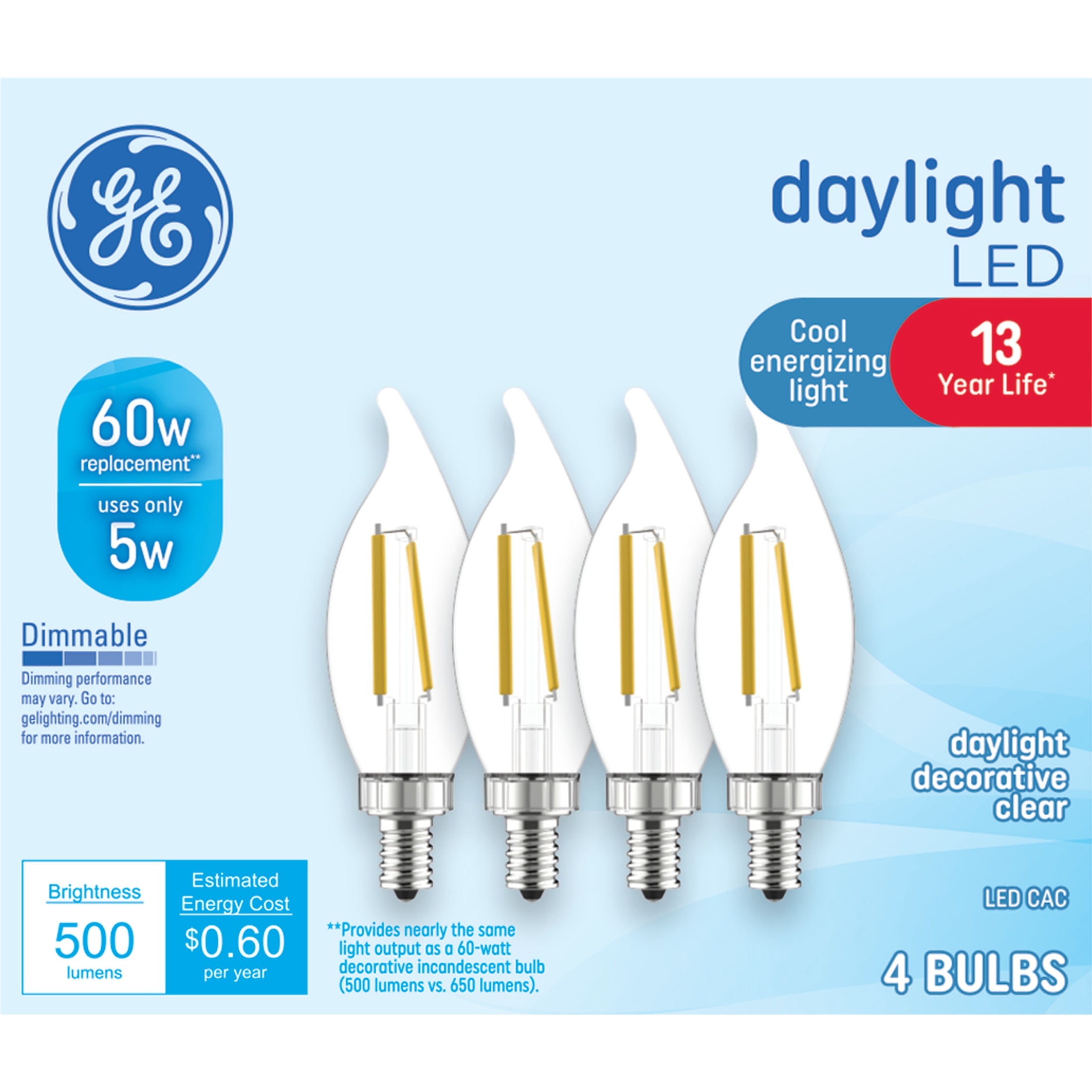 GE LED Light Bulbs, 60 Watt Replacement, Daylight, CA11 Decorative Candle Bulbs, 4pk