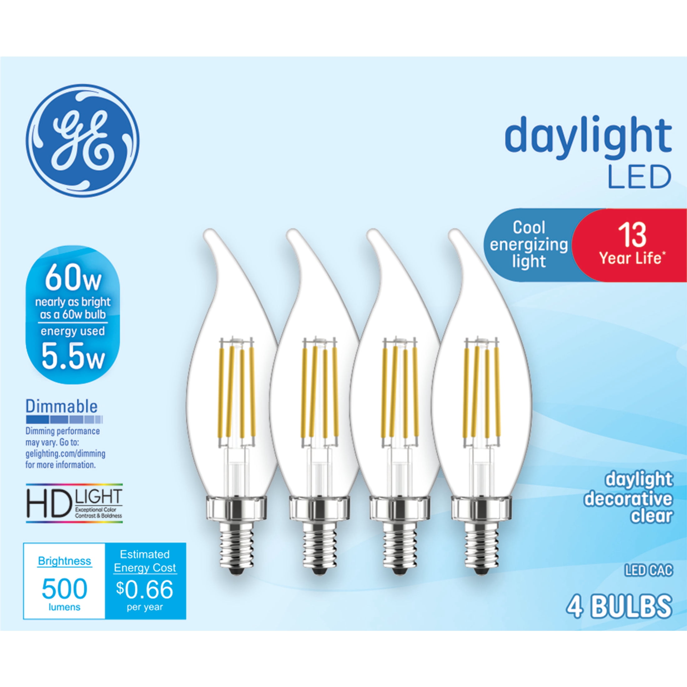 GE LED Light Bulbs, 60 Watt Replacement, Daylight, CA11 Decorative Candle Bulbs, 4pk