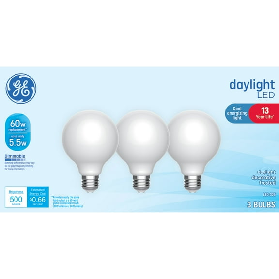 GE LED Light Bulbs, 60 Watt Replacement, Daylight, G25 Vanity Globe Bulbs, 3pk