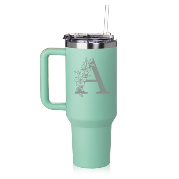 Daylor 40 oz Tumbler with Handle and Straw Lid Stainless Steel Insulated Travel Mug Cup Floral Monogram Letter A (Sea-Foam-Green)
