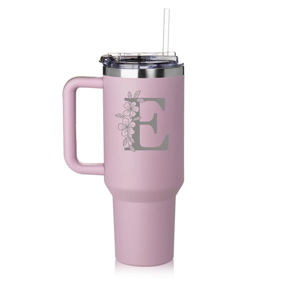 Daylor 40 oz Tumbler with Handle and Straw Lid Stainless Steel Insulated Travel Mug Cup Floral Monogram Letter E (Purple)