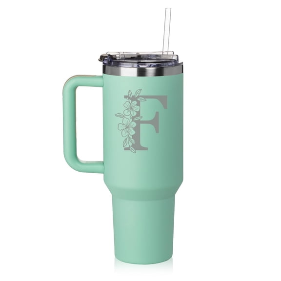 Daylor 40 oz Tumbler with Handle and Straw Lid Stainless Steel Insulated Travel Mug Cup Floral Monogram Letter F (Sea-Foam-Green)