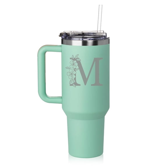 Daylor 40 oz Tumbler with Handle and Straw Lid Stainless Steel Insulated Travel Mug Cup Floral Monogram Letter M (Sea-Foam-Green)