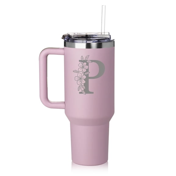 Daylor 40 oz Tumbler with Handle and Straw Lid Stainless Steel Insulated Travel Mug Cup Floral Monogram Letter P (Purple)