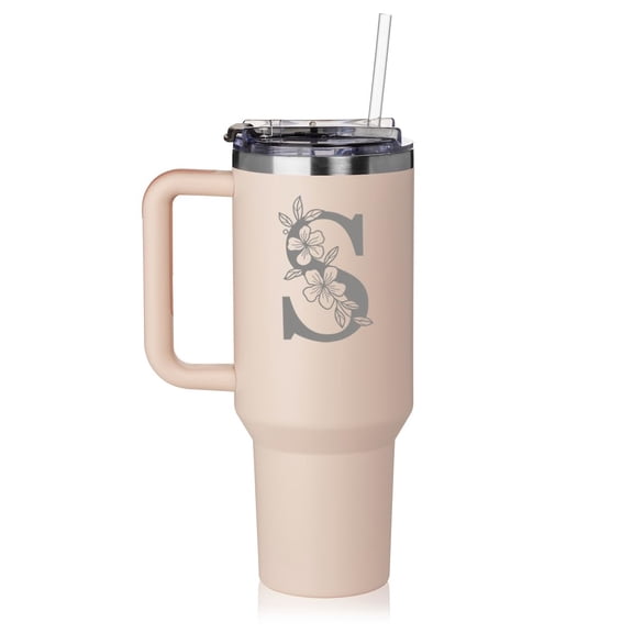 Daylor 40 oz Tumbler with Handle and Straw Lid Stainless Steel Insulated Travel Mug Cup Floral Monogram Letter S (Rose-Quartz)