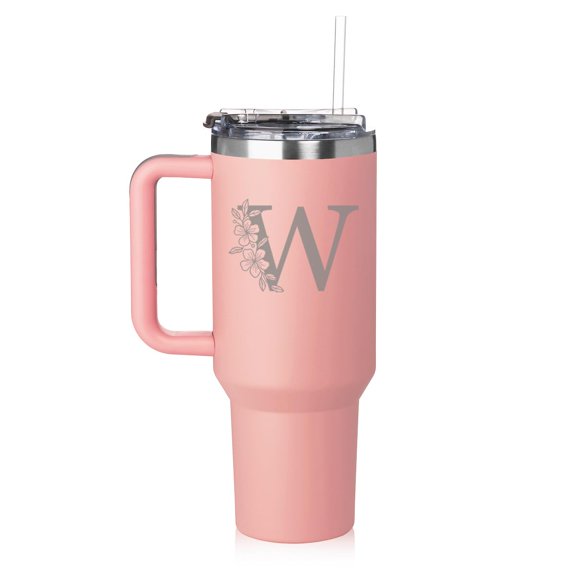 Daylor 40 oz Tumbler with Handle and Straw Lid Stainless Steel Insulated Travel Mug Cup Floral Monogram Letter W (Pink)