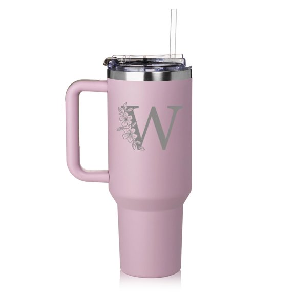 Daylor 40 oz Tumbler with Handle and Straw Lid Stainless Steel Insulated Travel Mug Cup Floral Monogram Letter W (Purple)