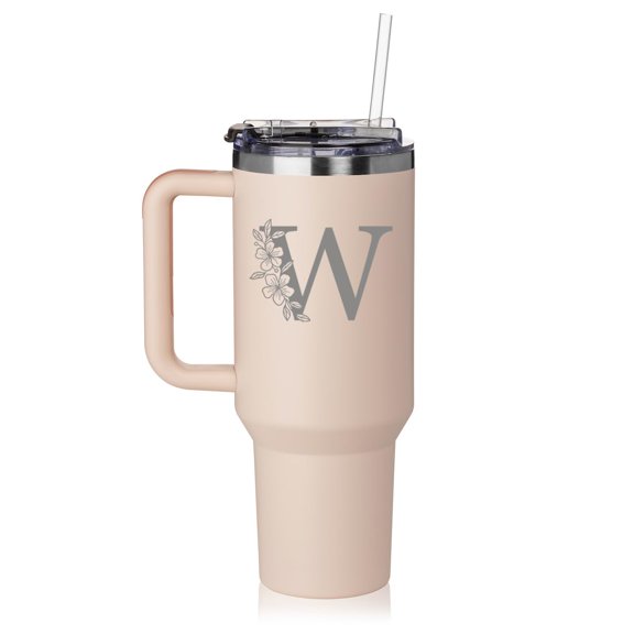 Daylor 40 oz Tumbler with Handle and Straw Lid Stainless Steel Insulated Travel Mug Cup Floral Monogram Letter W (Rose-Quartz)