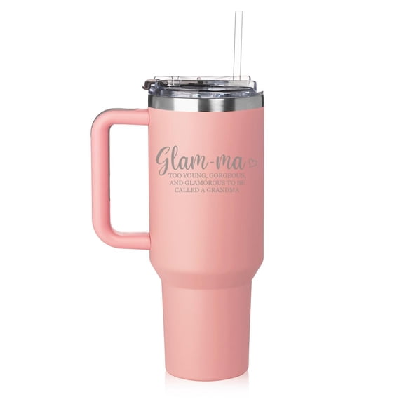 Daylor 40 oz Tumbler with Handle and Straw Lid Stainless Steel Insulated Travel Mug Cup Glam-ma Definition Grandmother Gift For Grandma (Pink)