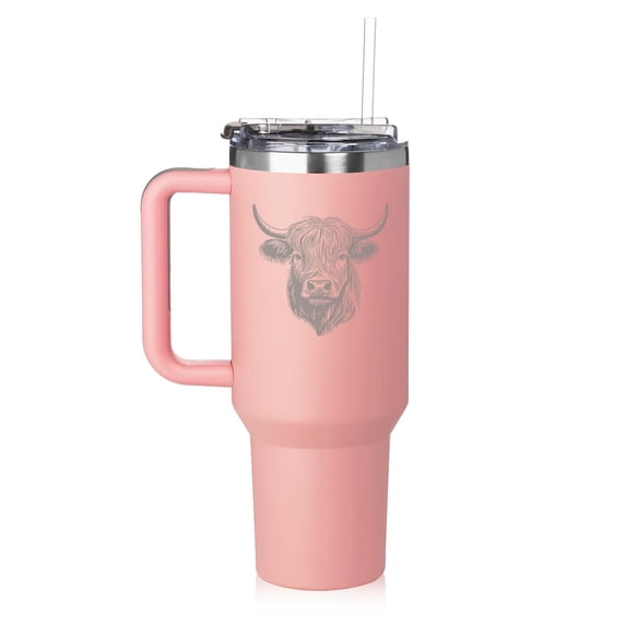 Daylor 40 oz Tumbler with Handle and Straw Lid Stainless Steel Insulated Travel Mug Cup Highland Cow Head (Pink)