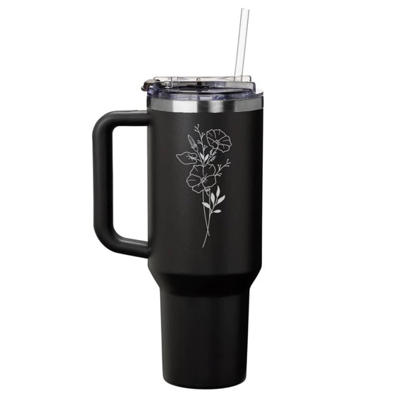 Daylor 40 oz Tumbler with Handle and Straw Lid Stainless Steel Insulated Travel Mug Cup Morning Glory September Birth Month Flower (Black)