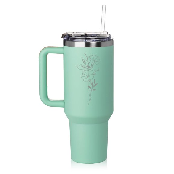 Daylor 40 oz Tumbler with Handle and Straw Lid Stainless Steel Insulated Travel Mug Cup Morning Glory September Birth Month Flower (Sea-Foam-Green)