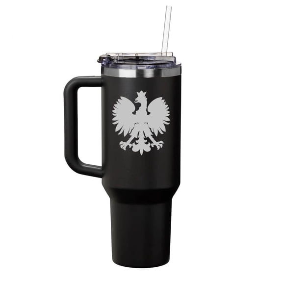 Daylor 40 oz Tumbler with Handle and Straw Lid Stainless Steel Insulated Travel Mug Cup Poland Eagle (Black)