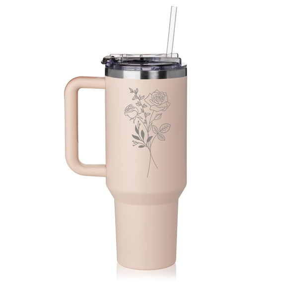 Daylor 40 oz Tumbler with Handle and Straw Lid Stainless Steel Insulated Travel Mug Cup Rose June Birth Month Flower (Rose-Quartz)