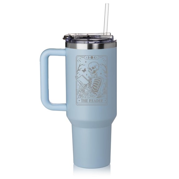 Daylor 40 oz Tumbler with Handle and Straw Lid Stainless Steel Insulated Travel Mug Cup Tarot The Reader Skeleton Funny Book Lover (Blue)