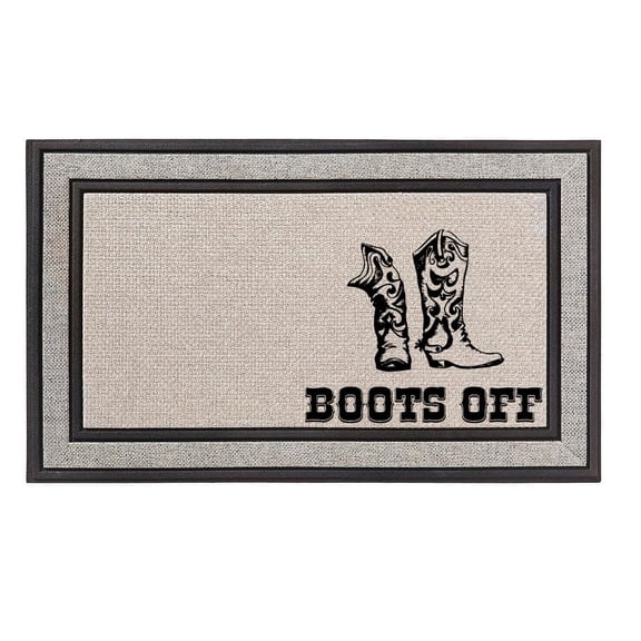 Daylor Outdoor Indoor Doormat 18" x 30" Gray/Beige/Black Rubber Backed Door Mat Fabric Mat Boots Off Corner Cowboy Cowgirl Boots Ranch Farm Country