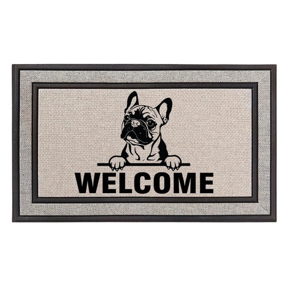 Daylor Outdoor Indoor Doormat 18" x 30" Gray/Beige/Black Rubber Backed Door Mat Fabric Mat Welcome Peeking French Bulldog Frenchie