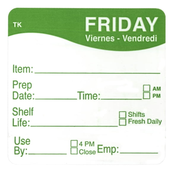 Daymark ToughMark Friday Labels Green/White Day of The Week - 2" Square 500 Per Roll