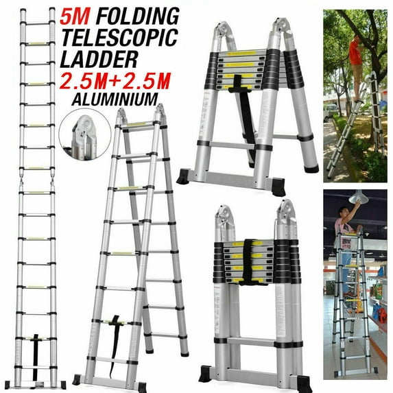Dayplus 16.5FT/5M Telescoping Ladder Extension A-Frame Ladder Portable Folding Ladder Aluminum Lightweight Climb Ladder 330lbs Capacity EN131 Certificated, Non-Slip Steps 2.5M+2.5M A-Type