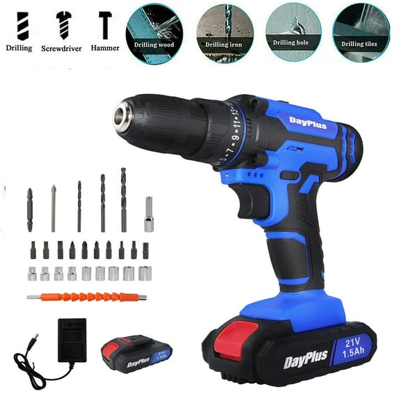 Dayplus 21V 1.5Ah Cordless Combi Drill Set Electric Impact Driver Screwdriver + Battery