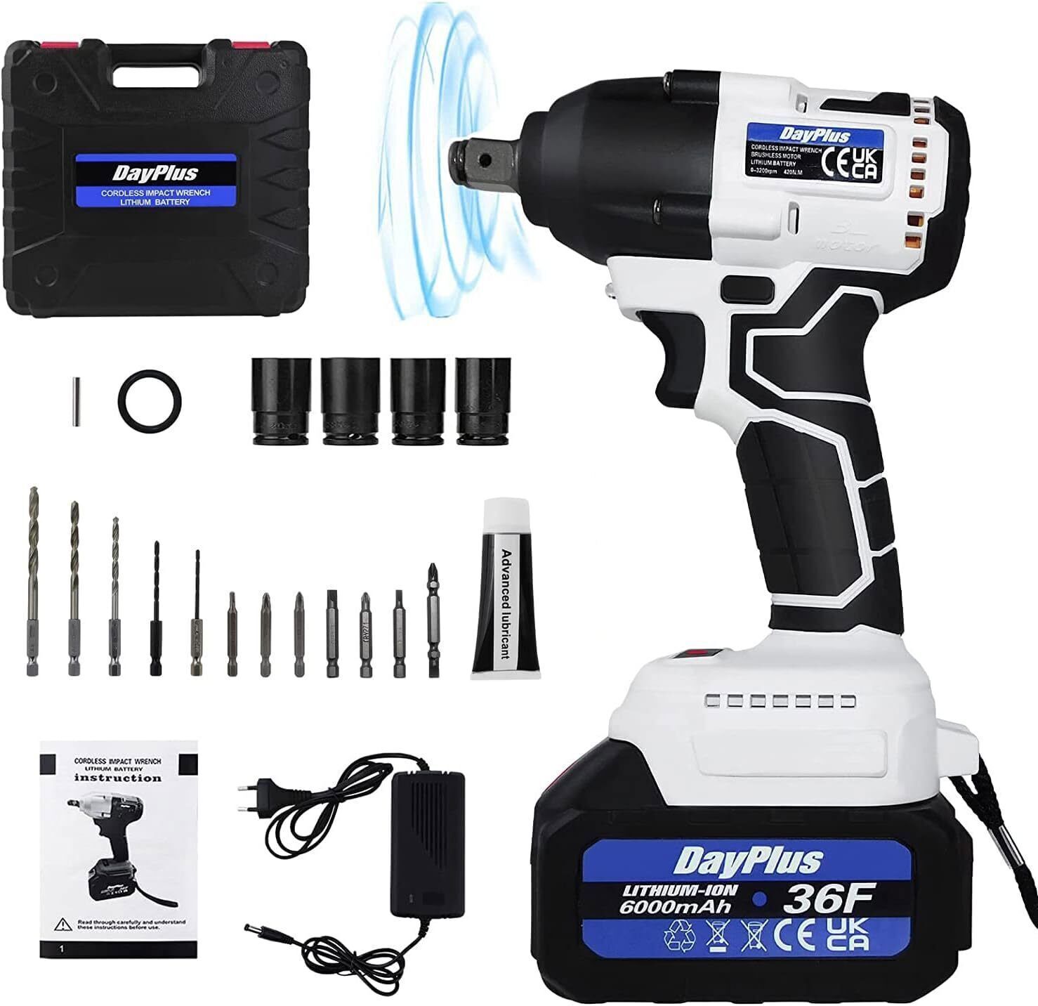 DAYPLUS 21V Cordless Impact Wrench 1/2" 1800Nm Brushless High Torque W/ Battery