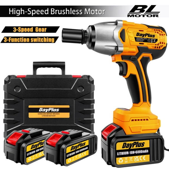 Dayplus 650NM Cordless Electric Impact Wrench Gun 1/2" High Power Driver with 2x 21V Li-ion Battery
