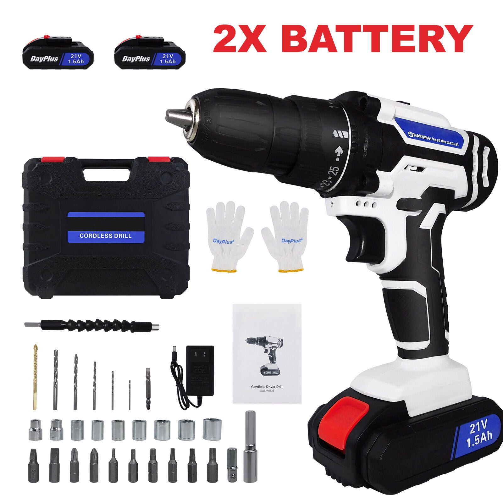 Dayplus Cordless Drill Diver Kit 21 Volts Impact Drill Set with 2X Li