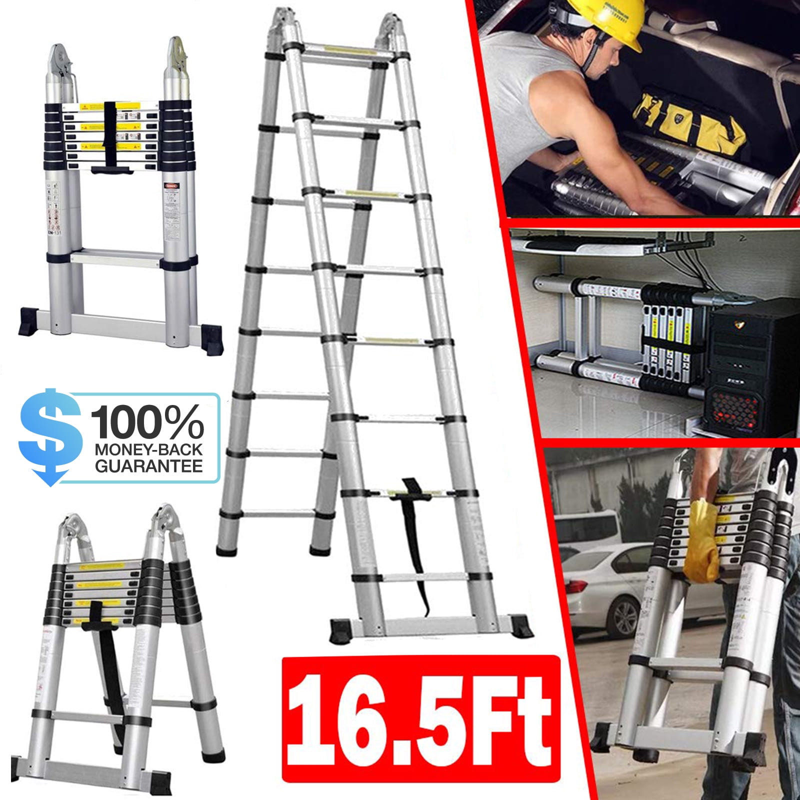 Dayplus EN131 16.5FT/5M Telescopic Extension Aluminum Step Ladder ...